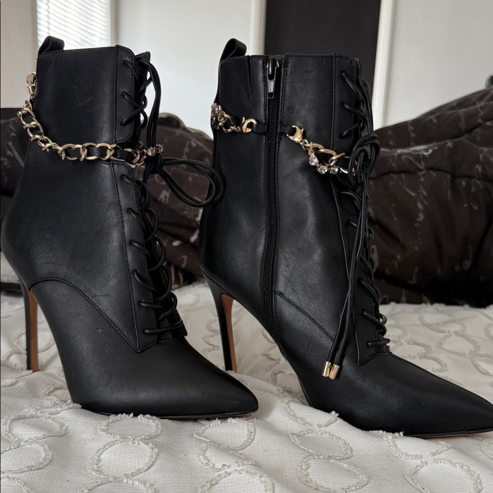 Aldo Black Heeled Boots with Gold Chain Detail